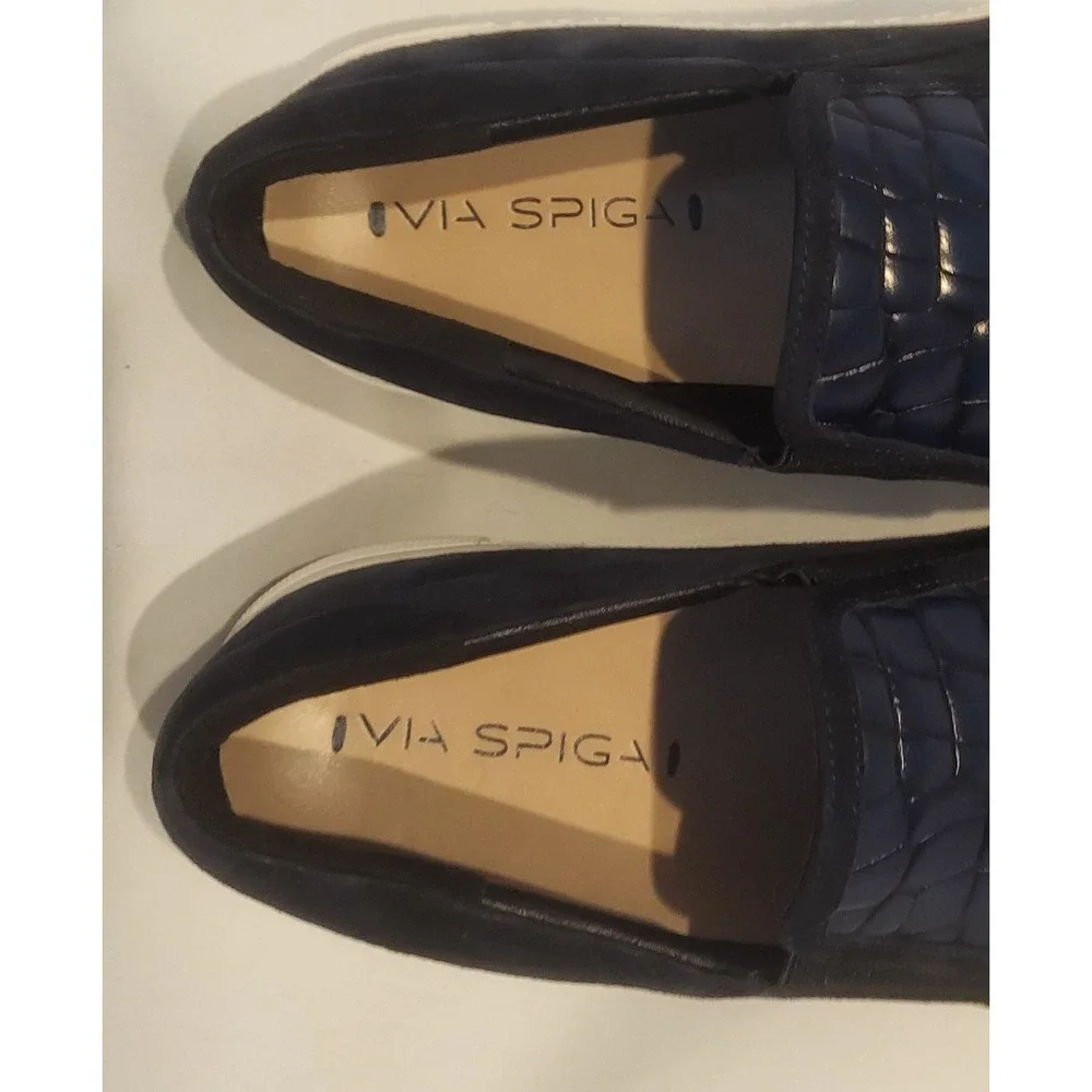 Via Spiga Womens Navy Maliah Croc Embossed Leather & Suede Sneakers Size 8.5 ❤️ - Picture 7 of 10